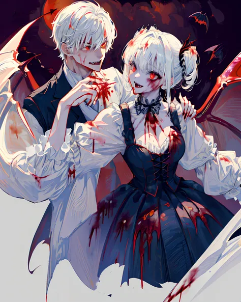 hires,(masterpiece),(best quality),(ultra-detailed),(illustration),(an extremely delicate and beautiful),(dynamic angle),

a male and a female, vampires, (big fangs), (blood dripping from neck:1.4), white hair, red eyes, shiny red moon, bats, halloween, cr...