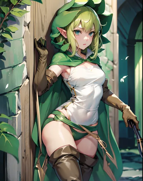 masterpiece,best quality,anime,2d,detailed face,
1girl, solo, gloves, thigh boots, pointy ears, green hair, hood, elf, blue eyes,boots, elbow gloves, cape, short hair,medium breasts, cloak, green hair,green_underwear,white shirt, cowboy shot,