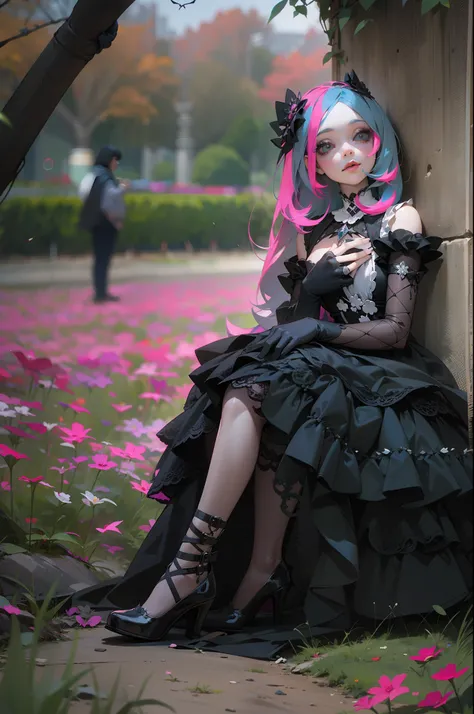 En un hermoso parque una mujer de aspecto moderno. It has a very colorful and striking kawaii gothic style.., con un maquillaje elegante y una peluca colorida.