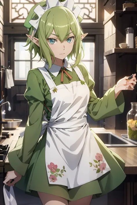 masterpiece,best quality,anime,2d,detailed face, 1girl, solo, pointy ears, blue eyes,green hair, looking at viewer, apron, short hair, maid headdress, holding, dress, green dress, standing, from side, maid, long sleeves, indoors, white apron, elf,medium br...