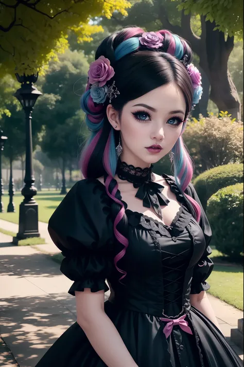 en un hermoso parque una mujer de aspecto moderno. it has a very colorful and striking kawaii gothic style.., con un maquillaje ...