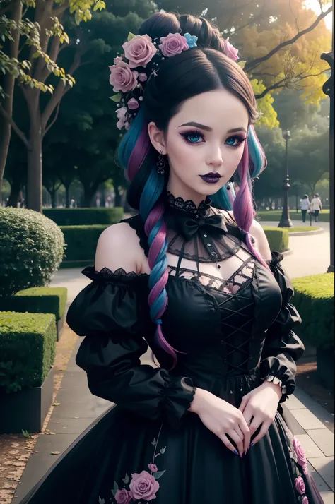 en un hermoso parque una mujer de aspecto moderno. it has a very colorful and striking kawaii gothic style.., con un maquillaje ...