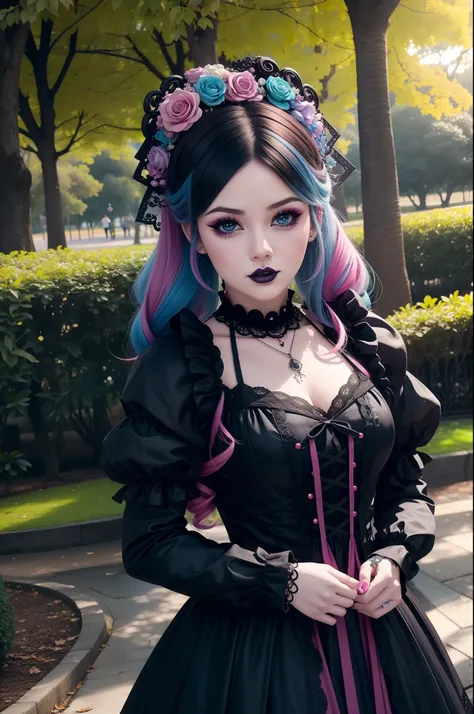 En un hermoso parque una mujer de aspecto moderno. It has a very colorful and striking kawaii gothic style.., con un maquillaje elegante y una peluca colorida.