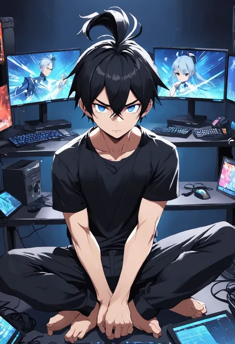 Crie uma imagem de um cara com cabelos longos e pretos, who are stuck in a ponytail. Hes wearing a black outfit, including a black T-shirt and black pants. He has blue eyes and an expression of boredom on his face. Behind him, there are three monitors and ...