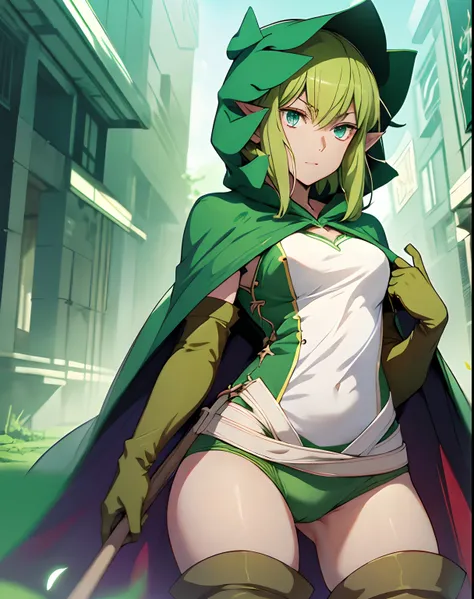 masterpiece,best quality,anime,2d,detailed face,
1girl, solo, gloves, thigh boots, pointy ears, green hair, hood, elf, blue eyes,boots, elbow gloves, cape, short hair,medium breasts, cloak, green hair,green_underwear,white shirt, cowboy shot,