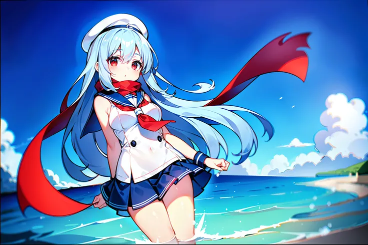 Blue sky，​​clouds，the ocean，A teenage girl，Wearing a white sailor suit，He wears a red scarf on his chest，（Height 1.65 meters），A black sailors cap was worn on his head，（black in color）s（（（long whitr hair））），hair between eye，Dull hair on the head，Pretty big ...