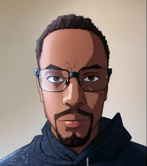 front view of a black man with glasses looking at viewer, exactly similar to photo ,poker face mood