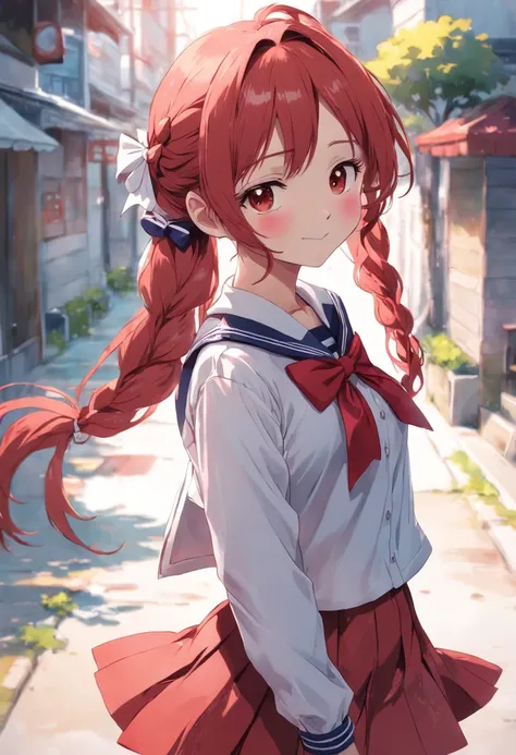 2d, masterpiece, best quality, anime, highly detailed, 1girl, solo, cowboy shot, sumi, single braid, side braid, hair bow, white bow, white shirt, long sleeves, sailor collar, red ribbon, red skirt, pleated skirt, embarrassed, blush, smile, outdoors