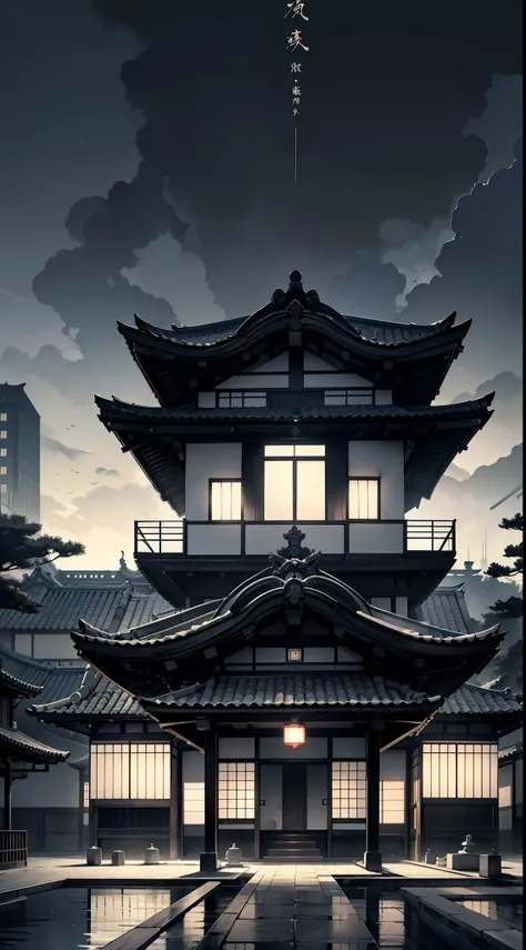 (Obra-prima) an illustration of a Japanese mansion, the construction should be large and the color palette should be predominantly black and white. Inclua um jardim bem cuidado na parte da frente. The vision must be external,  Ultra resolution, arte profis...