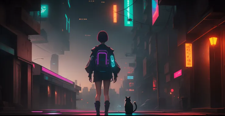 Super Resolution, (Realistic: 1.3) 1 Girl, Cyberhan, Cyberpunk City, Night, Neon, Lantern, Solo, Delicate Face, Delicate Eyes, Short Hair, Cat, Full Body, Back, Back to the Audience