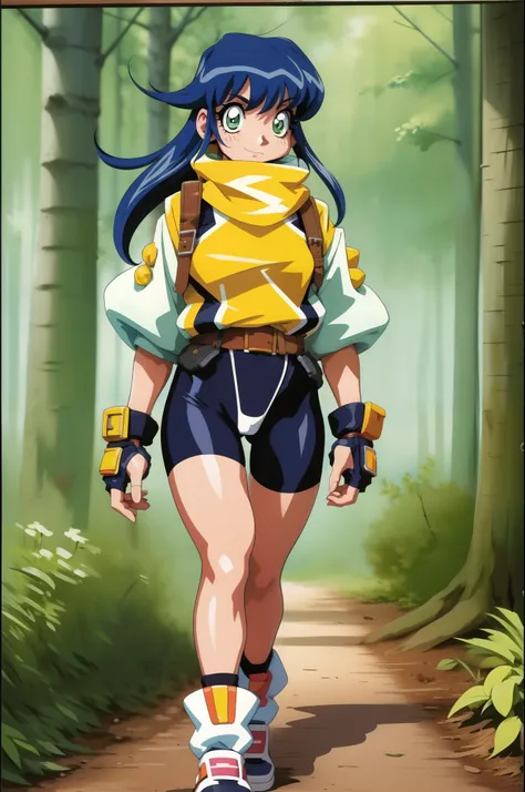 lime,spandex,green eyes,fingerless gloves,1990s (style),blue hair,retro artstyle,long hair,yellow bandana,bike shorts, full body, walking, forest