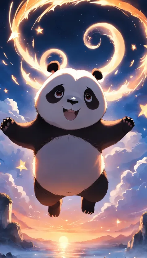 obra-prima, melhor qualidade, filme ainda, 1panda, panda nuvem, floating into the sky, Close-up, brilhante, Feliz, Soft lighting and Warm, sun sunset, stars, (Sparks: 0,7)