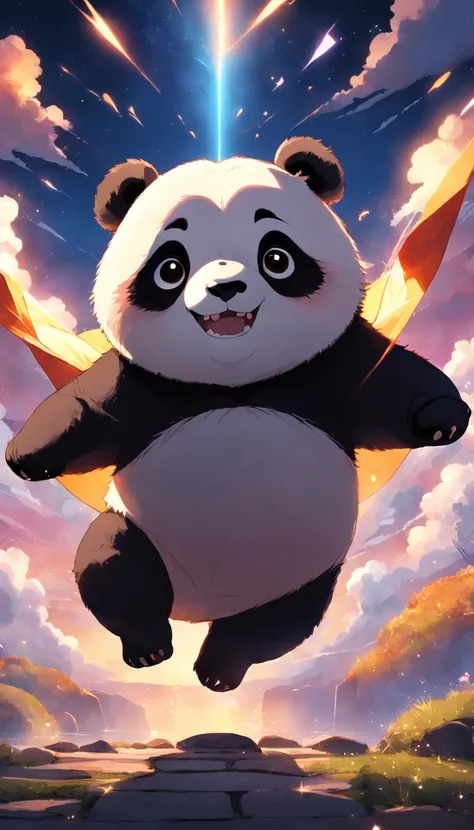 obra-prima, melhor qualidade, filme ainda, 1panda, panda nuvem, floating into the sky, Close-up, brilhante, Feliz, Soft lighting and Warm, sun sunset, stars, (Sparks: 0,7)