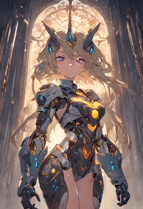 Apenas a uma bela mulher, usando traje mecha+armadura medieval+Samus Aran black costume with gold metal parts, cabelo azul, cabelo extremamente curto, cabelo com franja na frente dos olhos, helmet on the head, olhando para o espectador, (((Extroverted pose...