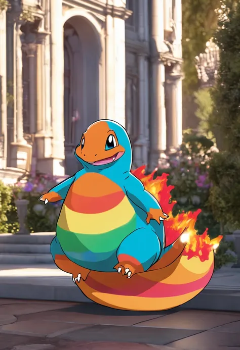 Charmander in a rainbow ball gown