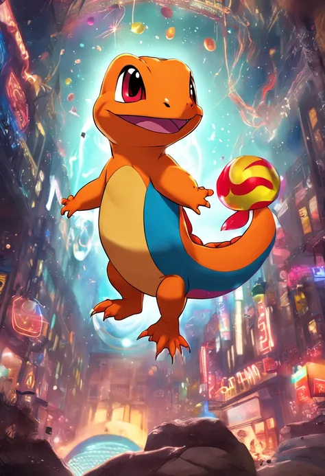 Charmander in a rainbow ball gown