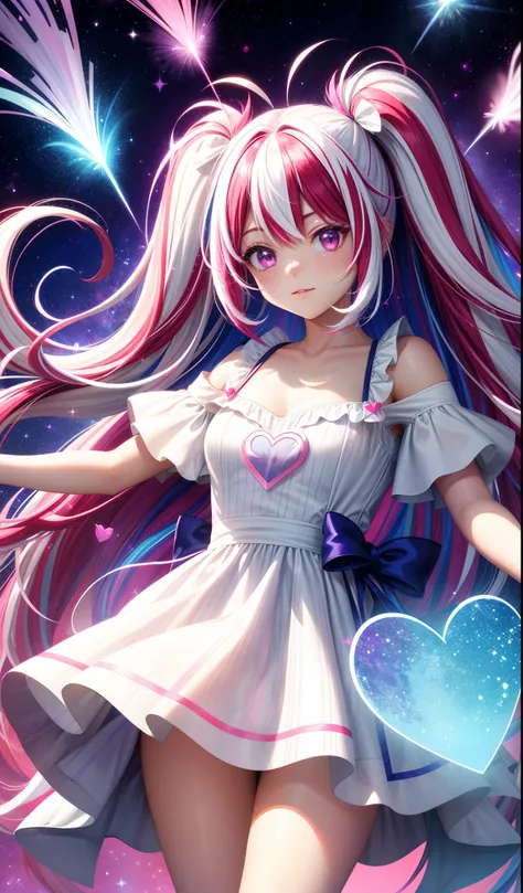 ((magic girl)) ((hair color fuchsia white streaks)) various sizes bright red hearts around, cute heart, glitter powder, picture perfect, space background