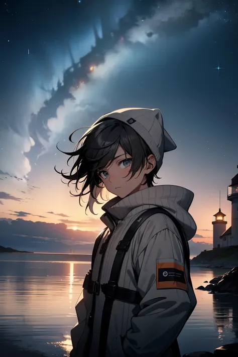 young boy, black hair, gray bonnet, wearing life jacket, gray sweater, night on an island with a lighthouse in the background, cold weather, starry sky in the background, 4k