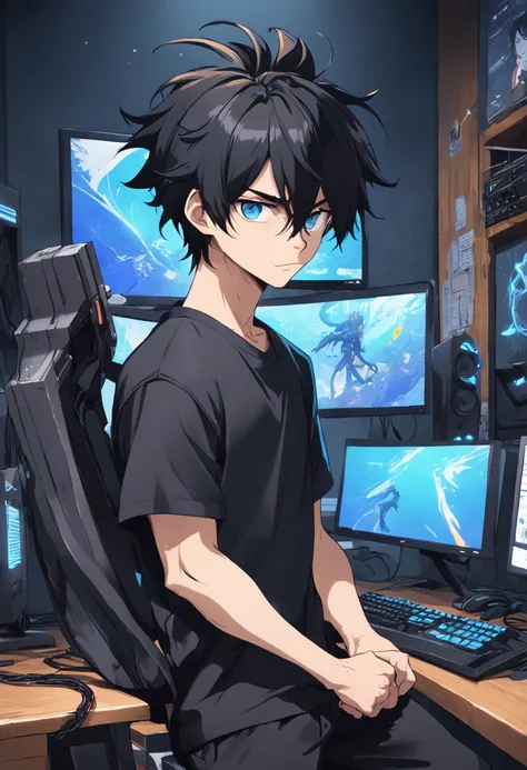 Crie uma imagem de um cara com cabelos longos e pretos, who are stuck in a ponytail. Hes wearing a black outfit, including a black T-shirt and black pants. He has blue eyes and an expression of boredom on his face. Behind him, there are three monitors and ...