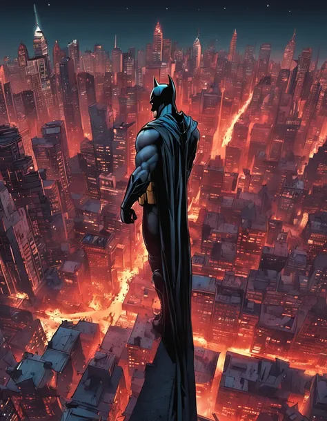 A batman on top of a gotham skyscraper, cena de filme 8k tema escuro, ::n_ desenho, Imperfection, baixa qualidade, boneco, jogo, anime, texto, assinatura