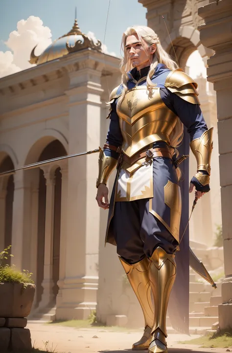 Man Archer Big Bow Fantasy Action Armor Golden Hair Full Body Archery White Blue Rays Action Background Add Golden Armor Improve Put bow on the back