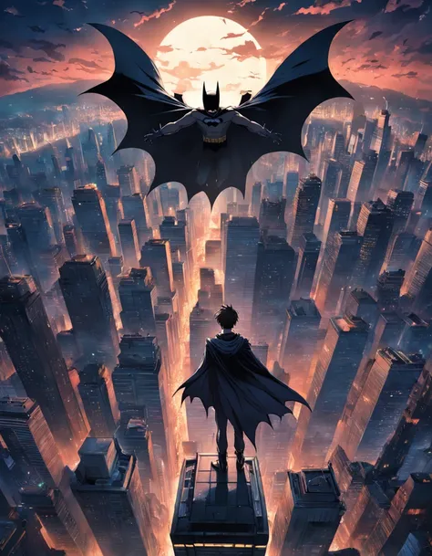 A batman on top of a gotham skyscraper, cena de filme 8k tema escuro, ::n_ , Imperfection, baixa qualidade, boneco, jogo, texto, assinatura