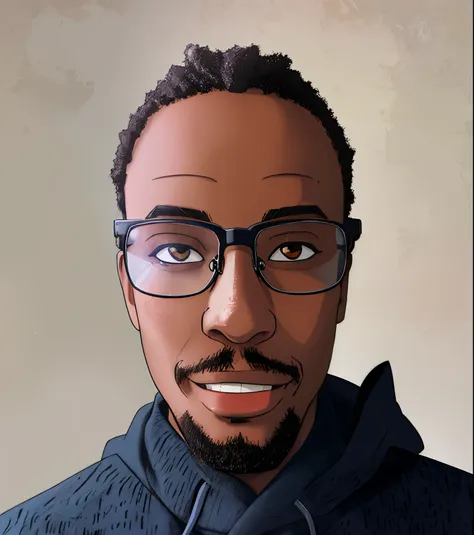 front view of a black man with glasses looking at viewer, exactly similar to photo ,smile face mood