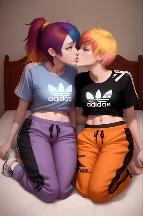 Two women lying in bed and kissing, wearing Adidas baggy pants, multicolored hair, multicolored eyes, extremely detailed, wide shot, Home, Perfect artwork, retina, accurate, anatomically correct, textured skin, full body, Kissing, Lesbian art , anime style