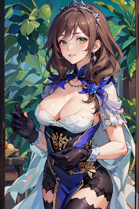 ((masterpiece, best quality, perfect pixel, UHD)),close-up, facing viewer,straight on, face focus,((1 girl)), lisa (genshin impact),{short hair,}, (big breasts:1.4),(photo realistic:0.8), standing,bridal veil,wedd00ing, bridal gauntlets, bridal garter, wed...