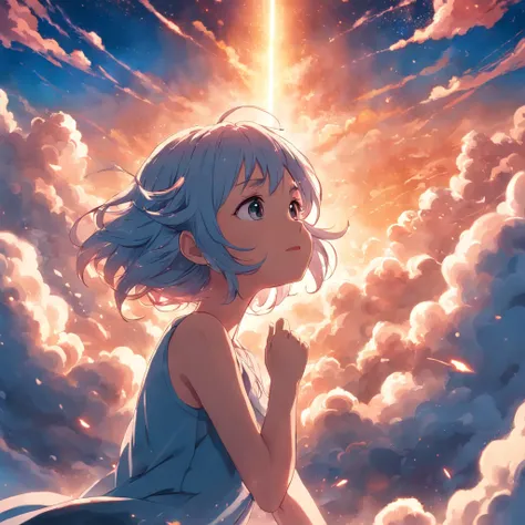 masterpiece, best quality, movie still, 1girl, cloud girl, floating in the sky, close-up, bright, happy, warm soft lighting, sunset, (sparks:0.7)