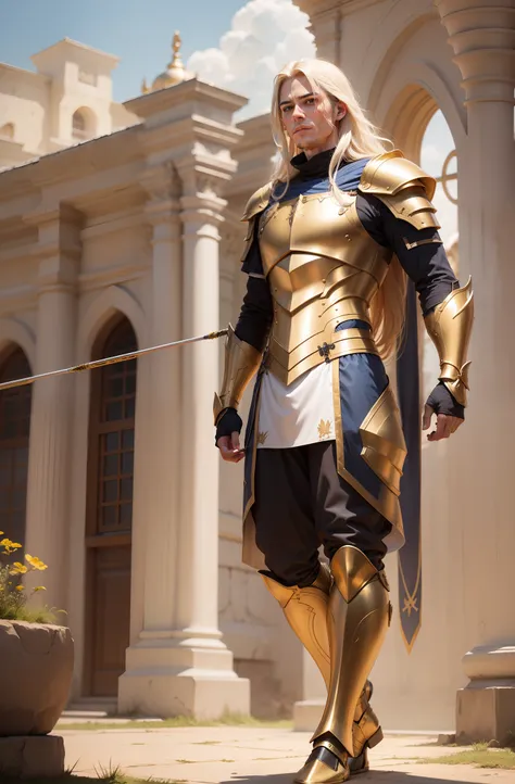 Man Fantasy Action Armor Golden Hair Full Body White Blue Rays Action Background Add Golden Armor Improve adcopma archery on the back