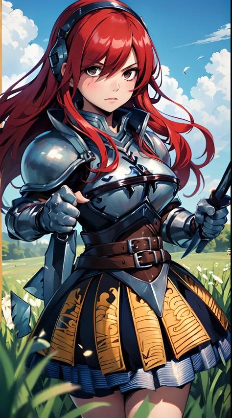 masterpiece, best quality, highres, fairy tail, 1girl, long hair, red hair, brown eyes, armor, shoulder armor, gauntlets, breastplate, armored dress, belt, pleated skirt, blue skirt, hair over one eye, field, grass, standing, cowboy shot, holding weapon, s...