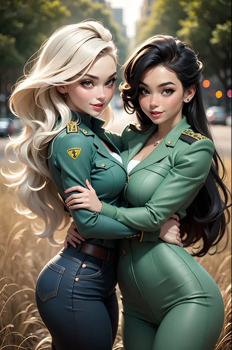 2 women in tight solider uniform in a field, retro pinup model, duckface, fine contours of faces, sweet, free, piercing, dancers, dressed in a beautiful, taxi, american, hollow cheeks, playful, being happy