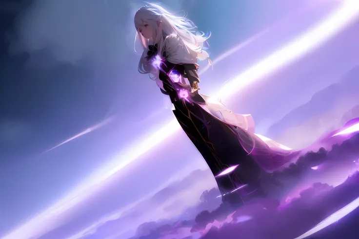 anime, a woman in a long dress standing on a cliff, anime epic artwork, white haired deity, claymore anime background, anime fantasy artwork, sky witch, white hair floating in air, 2. 5 d cgi anime fantasy artwork, ray of light through white hair, hd anime...