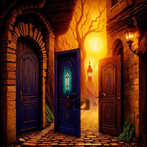 There is a magical wooden door on a deserted street, Arte dark fsntasy surreal