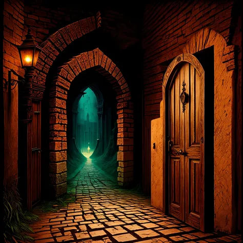 There is a magical wooden door on a deserted street, Arte dark fsntasy surreal