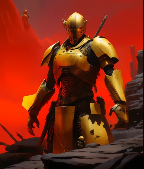 arafed image of a man in armor standing in a desert, yellow human-sized warforged, craig mullins nekro, gold heavy armor. dramatic, warrior in sci-fi armour, by Craig Mullins, portrait of ninja slayer, craig mullins style, artstation masterpiece, craig mul...