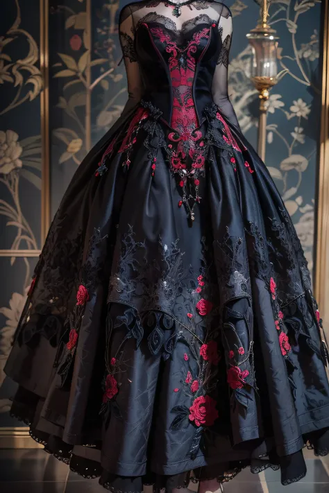 An enchanting gothic and macabre haute couture gown, adorned with intricate lace patterns and velvet details, deep black fabric with hints of deep red, silver chains and gemstone accents, capturing a sense of opulent darkness, Photography, captured with a ...