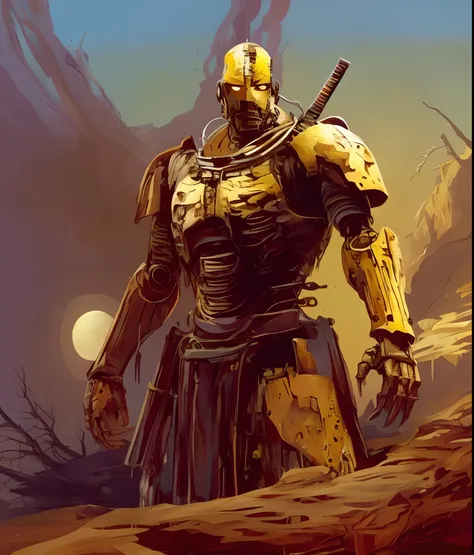 arafed image of a man in armor standing in a desert, blue sky and moon, yellow human-sized warforged, craig mullins nekro, gold heavy armor. dramatic, warrior in sci-fi armour, by Craig Mullins, portrait of ninja slayer, craig mullins style, artstation mas...