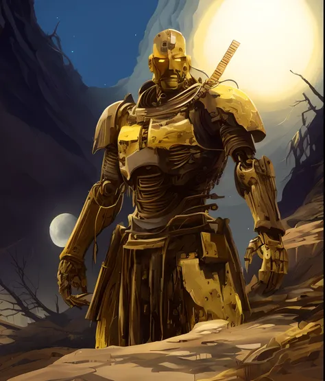 arafed image of a man in armor standing in a desert, blue sky and moon, yellow human-sized warforged, craig mullins nekro, gold heavy armor. dramatic, warrior in sci-fi armour, by Craig Mullins, portrait of ninja slayer, craig mullins style, artstation mas...