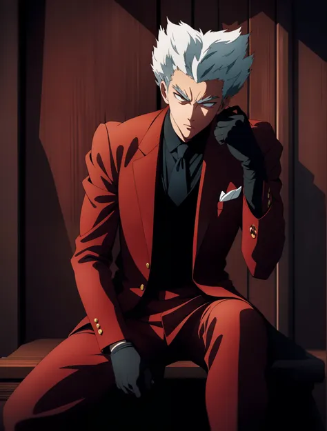 Boy, cool pose, elegan pose, red jazz clothes, realistic pose, white hair colors, looking forward, black gloves on hand, sit down pose, realistic, wearing a red tie, black eyeball colors