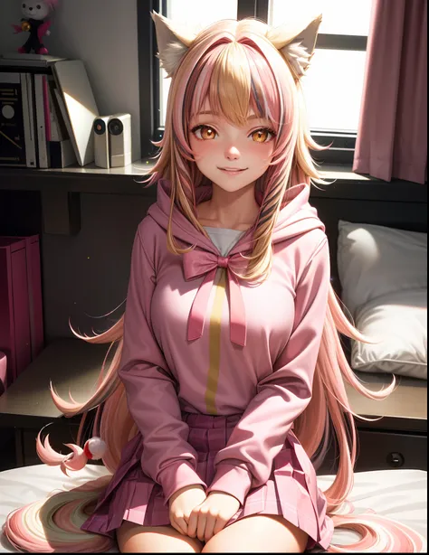 medium breasts ((wolf girl 16 years old)) ((blond hair with pink streaks)) shy smile long sleeve hooded top pleated skirt school uniform bright reds all around, glitter powder, picture perfect, happy expression, bedroom, hearts decor on room