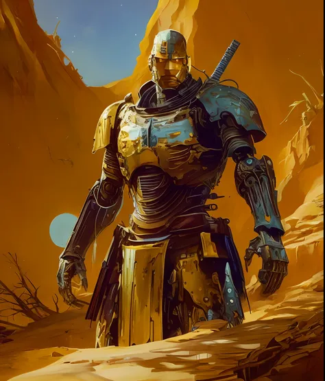 Blue sky and moon, arafed image of a man in armor standing in a desert, blue sky and moon, yellow human-sized warforged, craig mullins nekro, gold heavy armor. dramatic, warrior in sci-fi armour, by Craig Mullins, portrait of ninja slayer, craig mullins st...