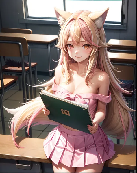 medium breasts ((16 year old wolf girl)) ((pink streaked blonde hair)) shy smile strapless top bare shoulder pleated skirt school uniform bright reds all over, glitter powder, picture perfect, classroom studying, school, class