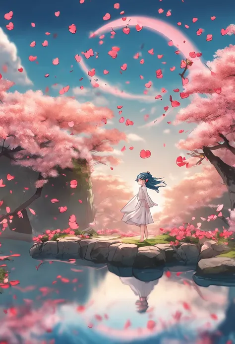 anime girl surrounded by a spiral of cherry blossoms, ((blue hair, long sleeveless white dress, barefoot)), ((platform: a single rock in the middle of a lake)),surprised face, 4k, 2D, ((anime style)), ((perfect face)), perfect position, sunset, ((position:...