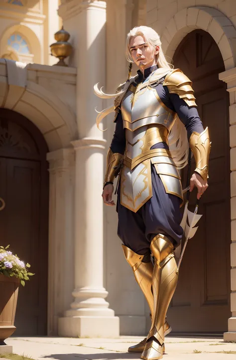 Man Fantasy Action Armor Golden Hair Full Body White Blue Rays Action Background Add Golden Armor Improve Add Hair White Archer Adciomar Backpack with arrow on the back holding bow