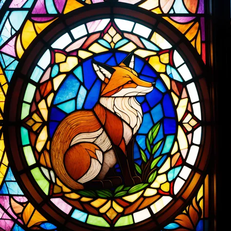 A fox stained glass window, close up