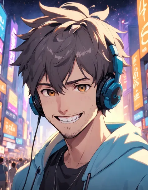 Homem sorridente com fones de ouvido, Streamer do Twitch / Jogador Ludwig, neckbeard, foto de perfil headshot, Vinny de Vinhinha, Streamer do Twitch, sorriso insano, Vinny Vinny Molho, muito ligeiramente sorridente, halfbody headshot, hes smiling, Jody Hig...