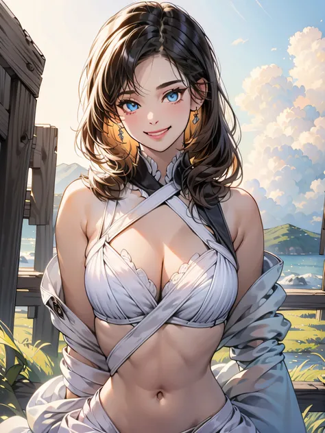 mksks style, masterpiece, best quality, long eyelashes, eyeliner, eyeshadow, mascara, colorful, pink lips, deep skin, looking at viewer, upper body, curvy, hestia (danmachi), 1girl, breasts, solo, long hair, blue ribbon, twintails, gloves, ribbon, dress, r...