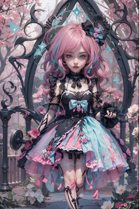 en un hermoso parque una mujer de aspecto moderno. it has a very colorful and striking kawaii gothic style.., con un maquillaje ...